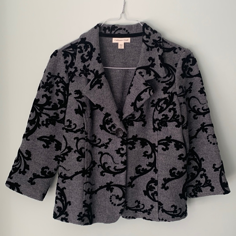Grey Coldwater Creek wool blazer with black velvet detail, 3/4 sleeve